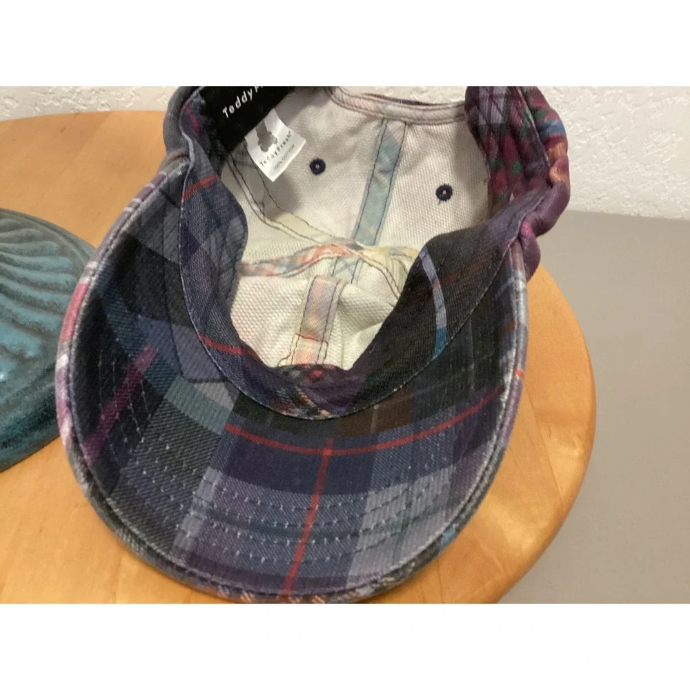 Teddy Fresh Plaid Hat Cap Bear Blue Maroon Multicolored Adjustable Cotton
